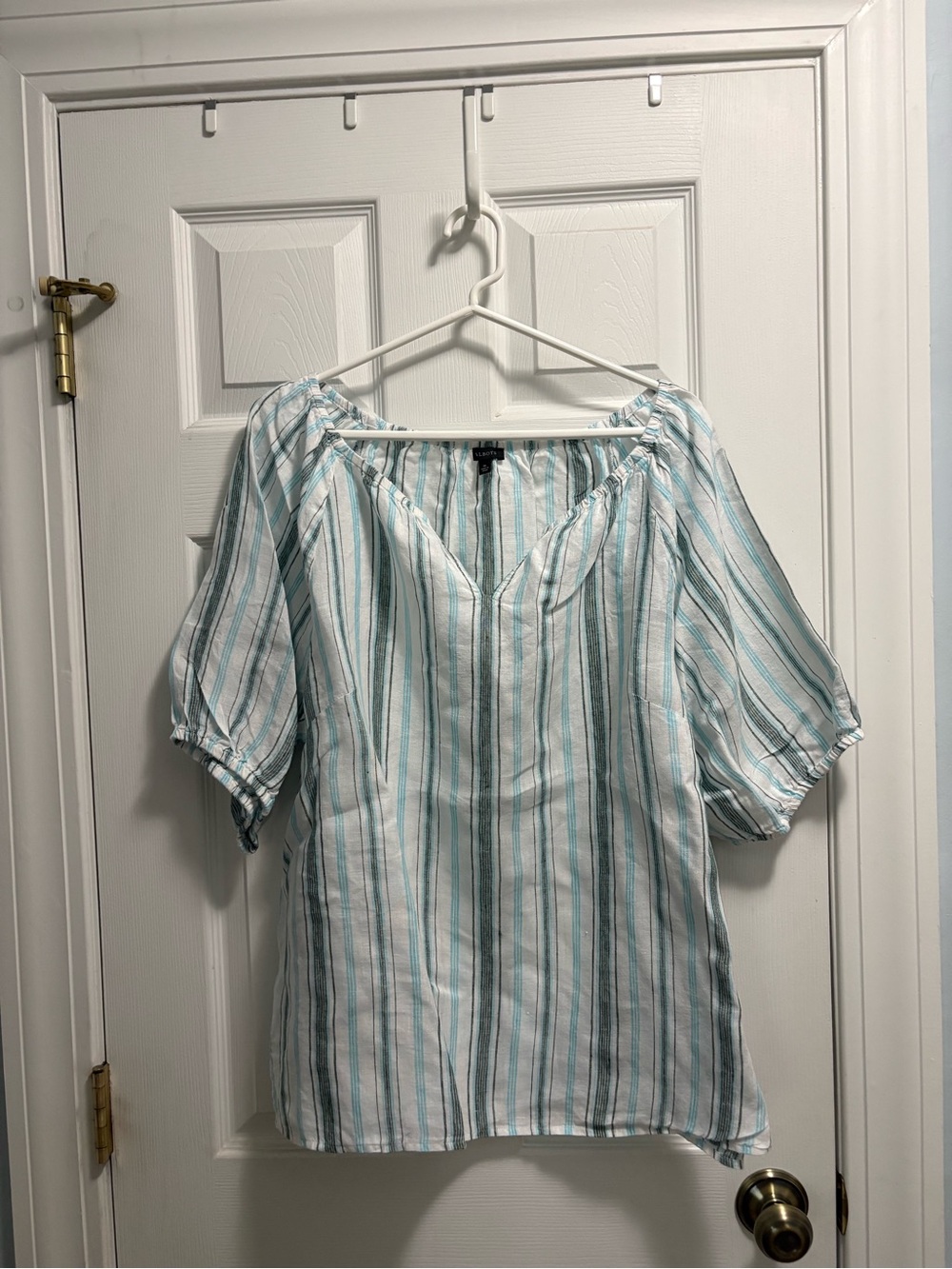 Talbots White and Light Blue Striped Peasant Blouse